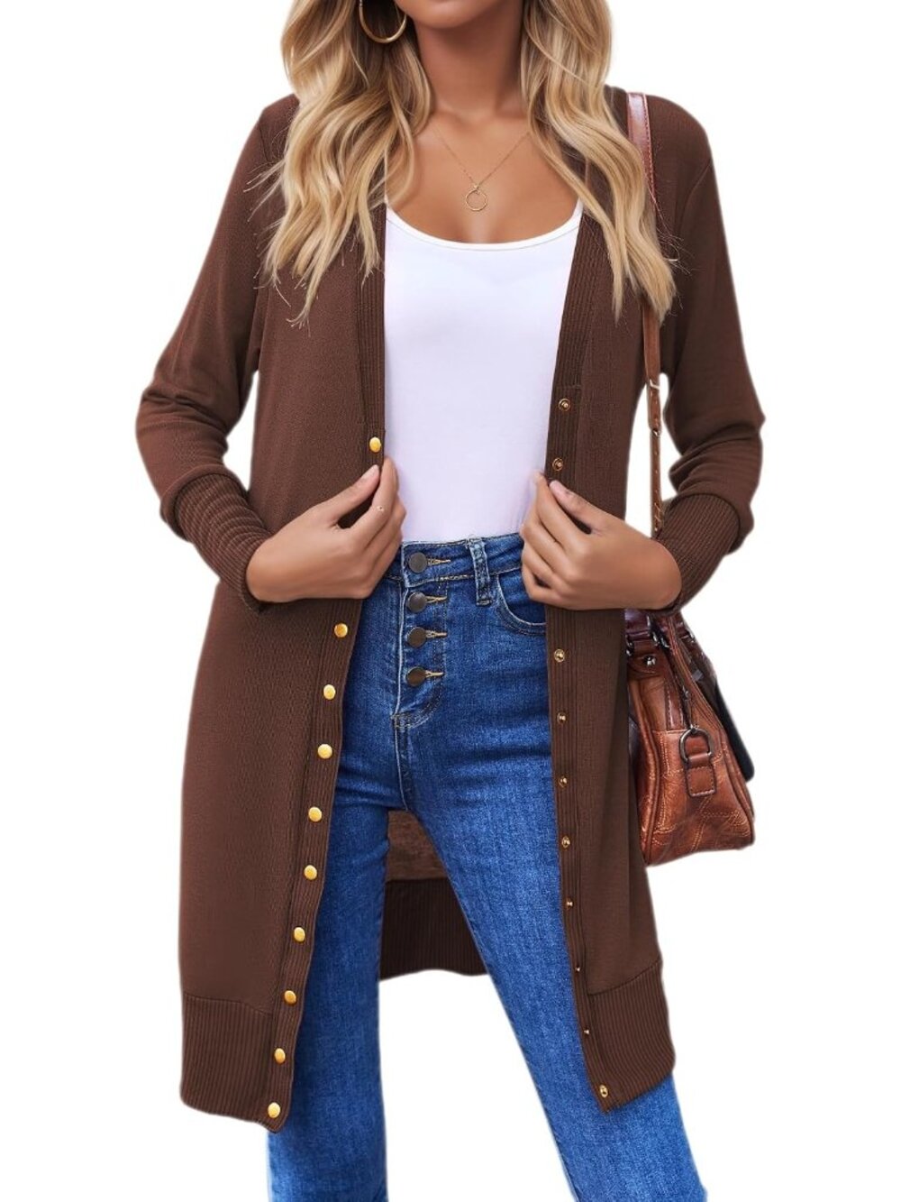 Women's Brown Button Down Soft Long Sleeve Lightweight Casual Cardigan Sweaters